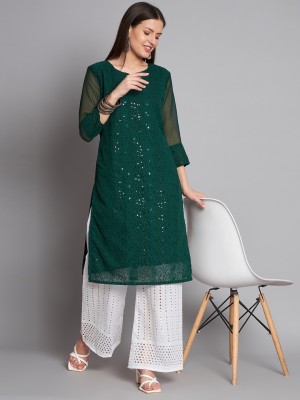 Felopie Women Chikan Embroidery A-line Kurta(Dark Green)