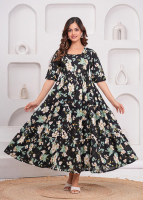 NERKSRE Women Printed Anarkali Kurta(Black)