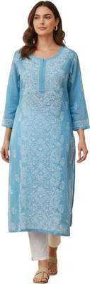 Eddika Women Embroidered Straight Kurta(Blue)