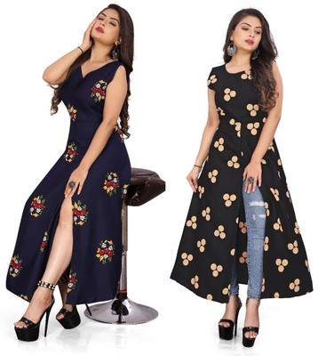 maruti fab Women Printed Frontslit Kurta(Blue)