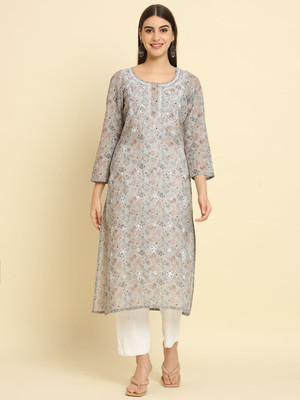 Rudraaksha Chikankari Women Solid Straight Kurta(Grey)