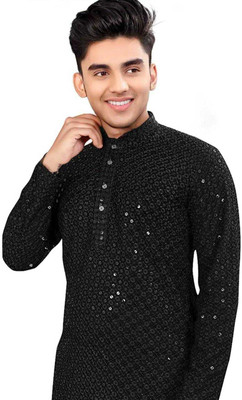 TRUST OUS Men Embroidered Straight Kurta(Black)