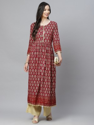 Angkor Women Printed Flared Kurta(Maroon)