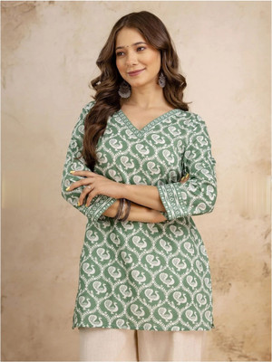 Sukhvilas Enterprise Women Block Print, Printed Tunic Kurta(Green)