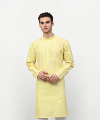 Jompers Men Embroidered Straight Kurta(Yellow)