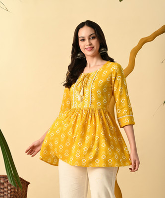 METAFAB Women Embroidered Flared Kurta(Yellow)