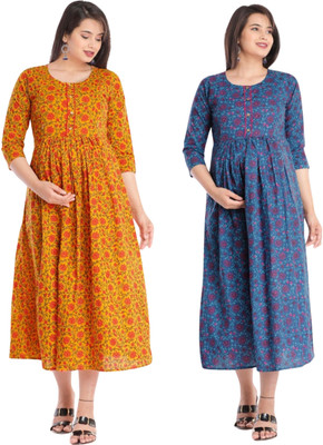 Damsel Women Printed Anarkali Kurta(Blue, Yellow)