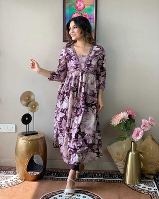 AnshEnterprises Women Printed Anarkali Kurta(Purple, White)