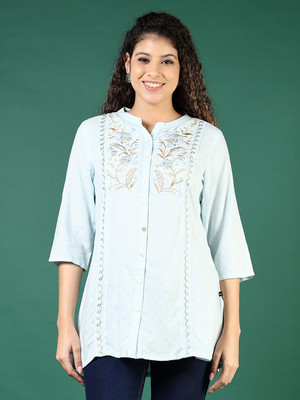 V-MART Women Printed A-line Kurta(Light Blue)