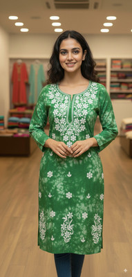 Chikankari Women Dyed/Ombre, Embroidered Straight Kurta(Dark Blue)
