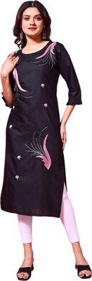 Ranrasiya Tex Women Printed Straight Kurta(Black)