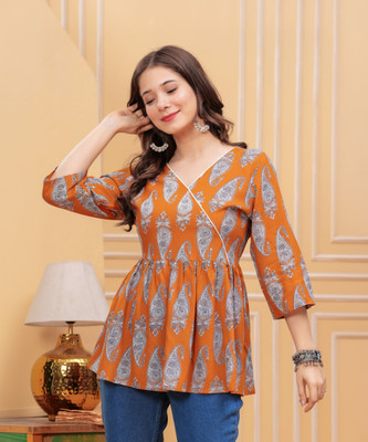 Glamazon Women Floral Print Cape Top Kurta(Orange)