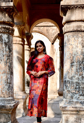 bindudi Women Printed A-line Kurta(Red)