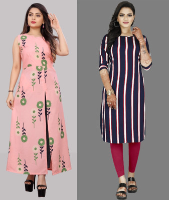 maruti fab Women Striped A-line Kurta(Pink, Purple)