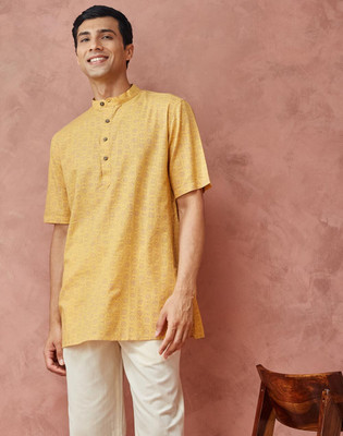 Fabindia Men Printed Straight Kurta(Yellow)