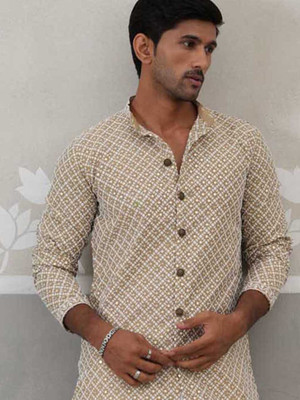 Jompers Men Printed Straight Kurta(Beige)