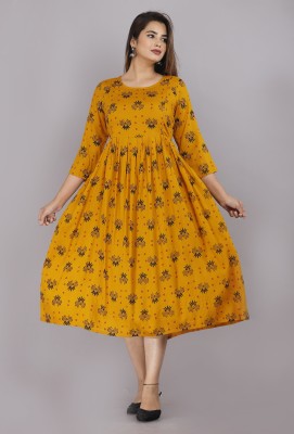 Vorcia Febtex Women Printed Anarkali Kurta(Yellow)