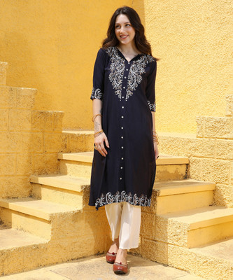 QISSA Women Printed A-line Kurta(Black)