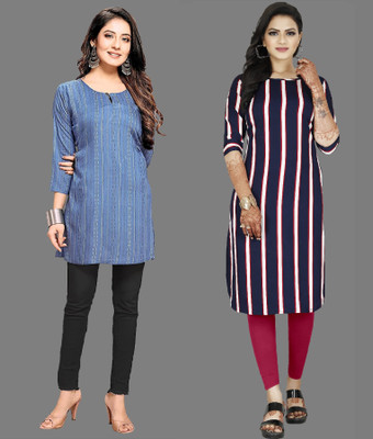 maruti fab Women Striped A-line Kurta(Blue, Purple)