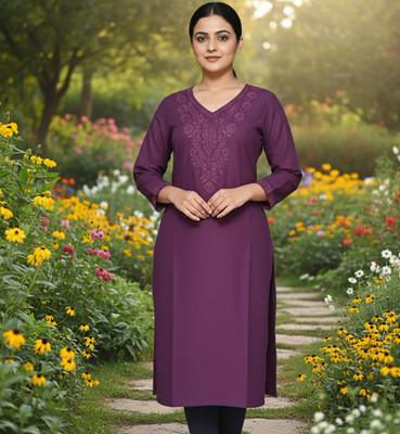 PS FASHION Women Embroidered Straight Kurta(Purple)