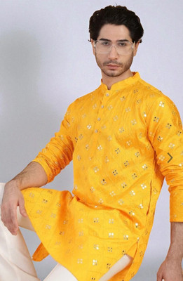 Bisswas Men Embroidered Straight Kurta(Yellow)