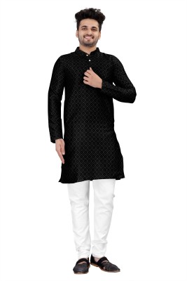 Growwax Men Self Design Straight Kurta(Black)