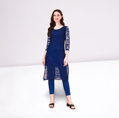 HOC's Women Self Design Straight Kurta(Blue)