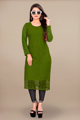vidya fashion mart Women Self Design A-line Kurta(Dark Green)