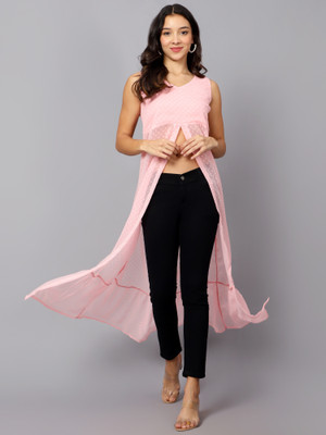 VESICLE Women Embroidered Frontslit Kurta(Pink)
