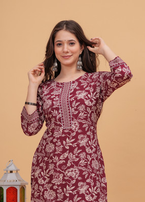 Dk Fab Women Printed Straight Kurta(Maroon)