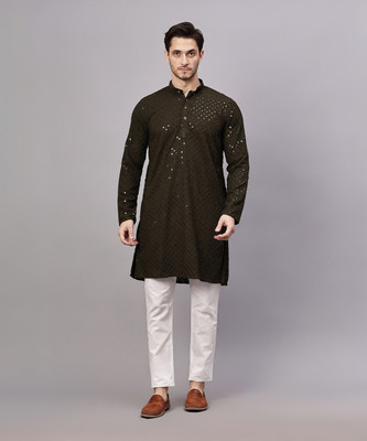Yugnik Men Chikan Embroidery A-line Kurta(Green)