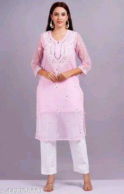 Lucknowi Poshaak Chikankari Women Embroidered Straight Kurta(Pink)