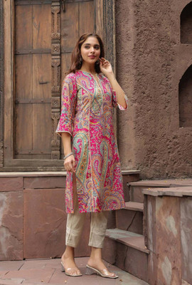 LILYSDEN Women Printed Straight Kurta(Pink)