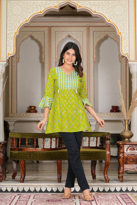 IKRASS Women Printed A-line Kurta(Green)
