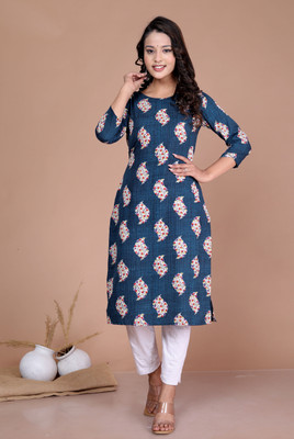 raamratan Women Floral Print A-line Kurta(Dark Blue, White, Red)