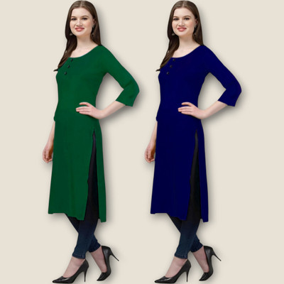 Coft Women Solid Straight Kurta(Blue, Green)