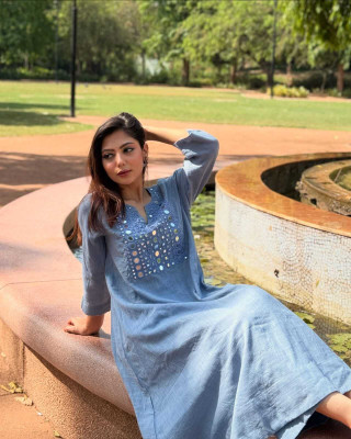Saral Women Embroidered A-line Kurta(Light Blue)