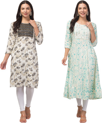 Malana Merino Women Printed, Embellished A-line Kurta(White, Multicolor)