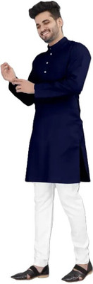 PoshSide Men Solid Straight Kurta(Dark Blue)