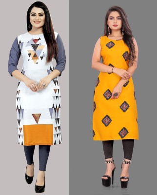 Modli 20 Fashion Women Printed Straight Kurta(Yellow, White)