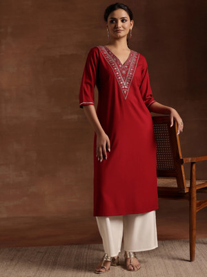 MK ART WITH DEVICE Women Embroidered A-line Kurta(Maroon)
