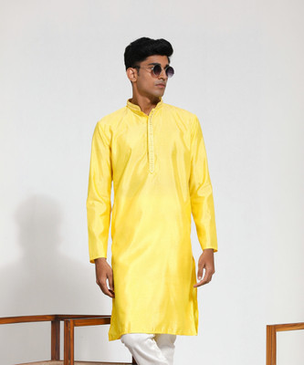 VASTRAMAY Men Self Design, Woven Design, Embroidered Straight Kurta(Yellow)