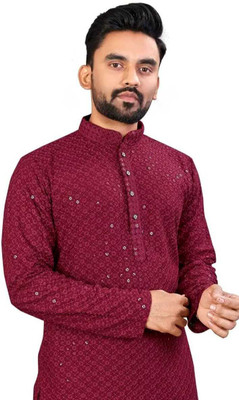 Vriha Enterprise Men Self Design Straight Kurta(Maroon)
