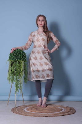 Velstra Women Floral Print A-line Kurta(Beige)