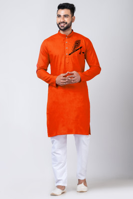 Rainbow Cloths Men Printed Straight Kurta(Orange)
