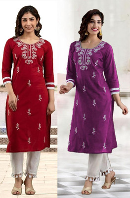 SISTO Women Chikan Embroidery Straight Kurta(Multicolor)