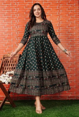 ANGINI Women Block Print Anarkali Kurta(Black)