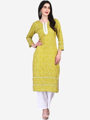 Be Indi Women Floral Print Straight Kurta(White, Light Green)