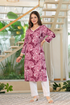 Smartsale Women Printed A-line Kurta(Maroon, Pink)