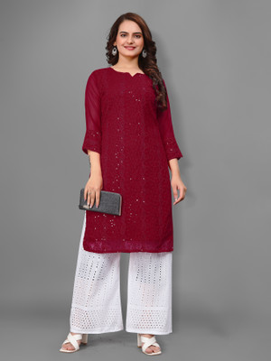 Felopie Women Chikan Embroidery A-line Kurta(Maroon)